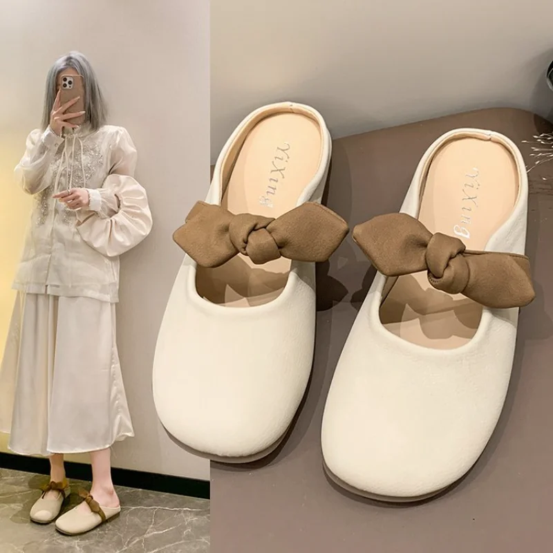 Fashion Bowknot Pearl Flat Bottom Baotou Half Slippers Women New 2024 Summer Shallow Mouth Mary Jane Single Shoes Casual Slides