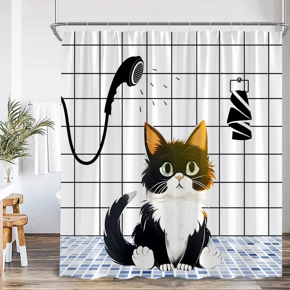 

Cute Cats Shower Curtains Bathing Cats Cartoon Animals Bathroom Decortaions Kids Polyester Fabric Bath Curtains with Hooks