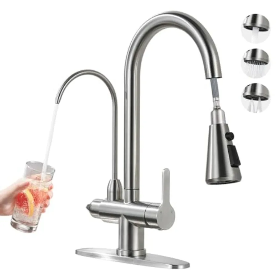 

Кухонный смеситель с фильтром для воды, матовый никель, нержавеющая сталь, 2 ручки, высокий излив, выдвижной распылитель для фермерской кухни, барной стойки, раковины, дрингера