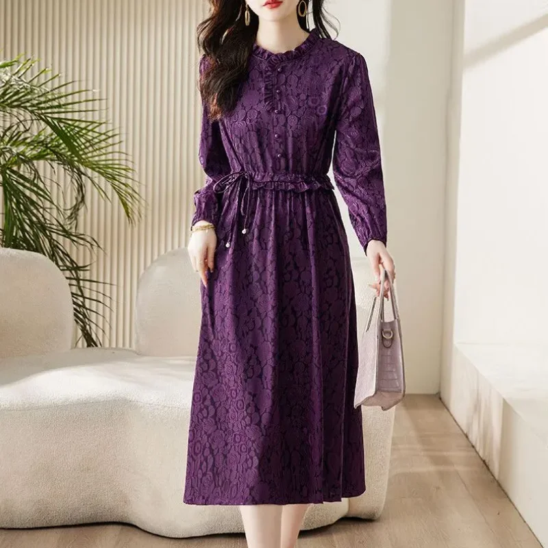 

Elegant Drawstring A-Line Midi Dress Vintage Jacquard Weave Female Clothing Stylish Folds Spring Autumn Casual O-Neck Dresses