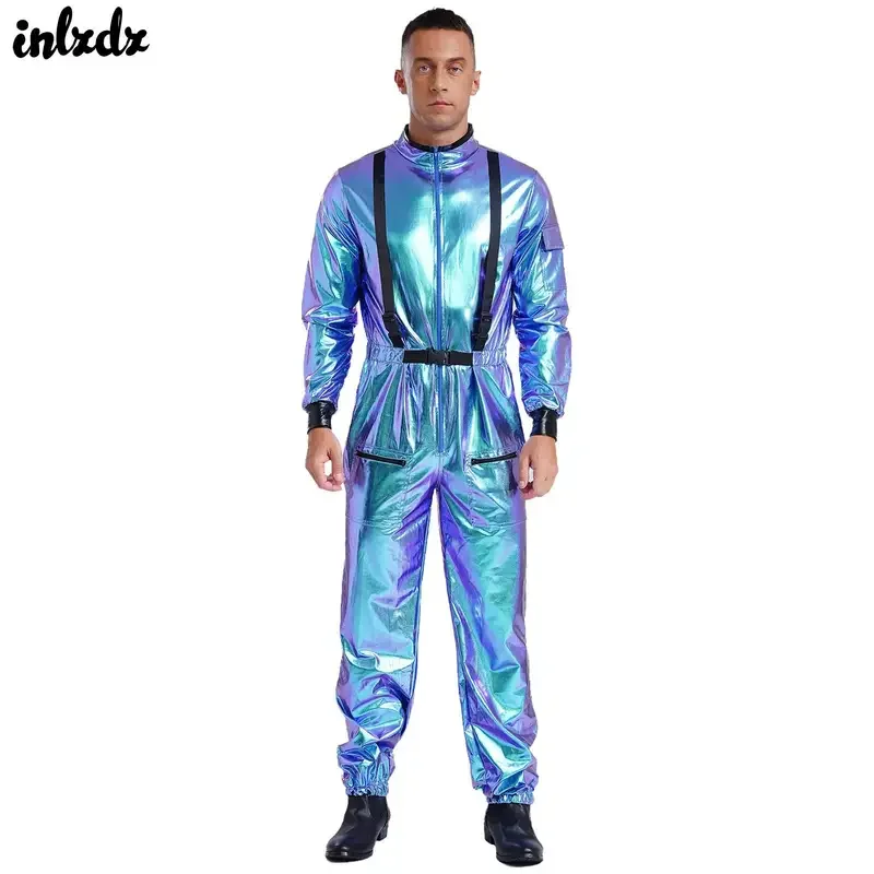 QQ8 メンズ ハロウィン パイロット 空軍 宇宙飛行士 エイリアン コスプレ コスチューム メタリック ロールプレイ ディスコ オーバーオール ジャンプスーツ ジッパー Bod5Lk￥