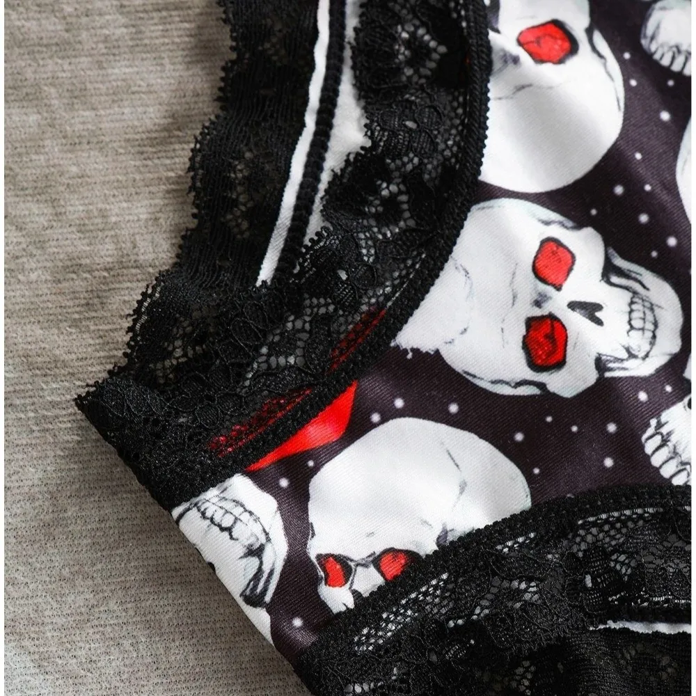 Mid Waist Women's Panties Halloween Skull Flower Butterfly Skeleton Briefs Gothic Style Lingerie Lace Triangle Underwear