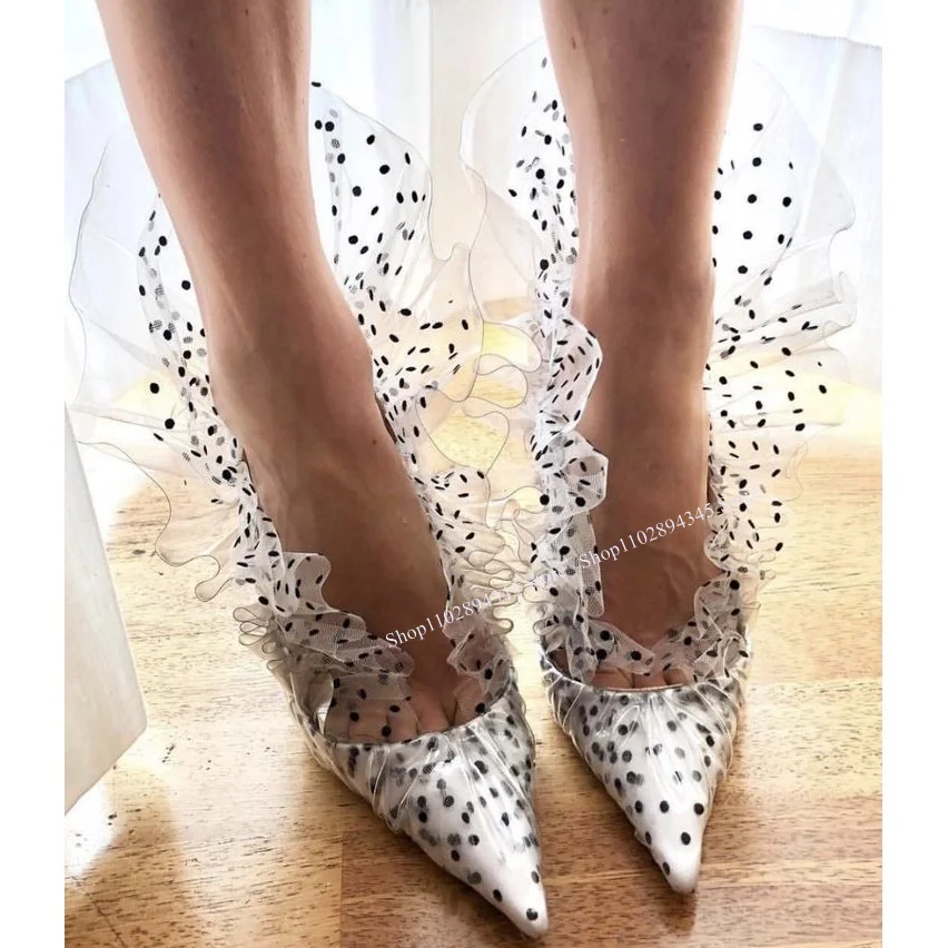 

White Polka Dot Pattern Slip On Pumps Thin High Heel Pointed Toe Fashion Sexy 2024 Summer Big Size Woman Shoes Zapatillas Mujer