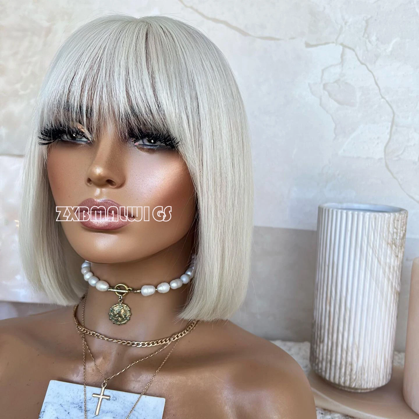 Synthetic Hair Lace Front Wig Short Straight Bangs Fringe Blonde Wigs for Women Heat Resistant Fiber Hair Glueless Lace Wigs