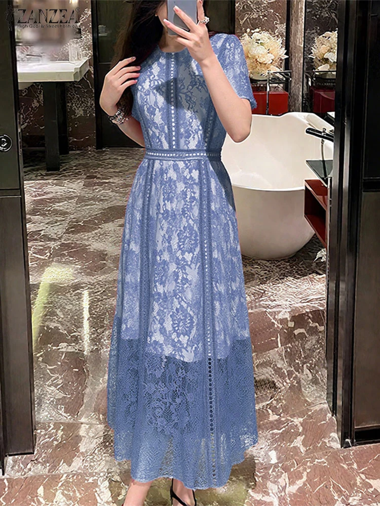 ZANZEA Robe élégante femmes été dentelle Robe d'été fête Vestido 2025 Vintage décontracté évider à manches courtes Robe faux 2 pièces ensembles