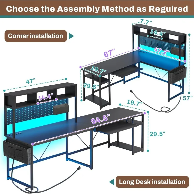 L Shaped Gaming Desk com luzes LED, mesa do computador reversível com Power Outlet e Pegboard