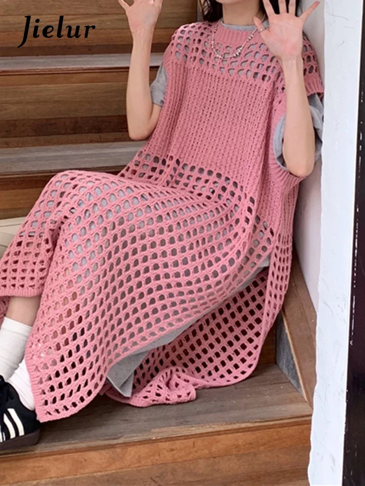 Jielur Summer New Y2K Hollow Out Women's Dress Chicly Solid Sweet Sexy Dress Woman Pink Korean Loose Fashion Dresses Female