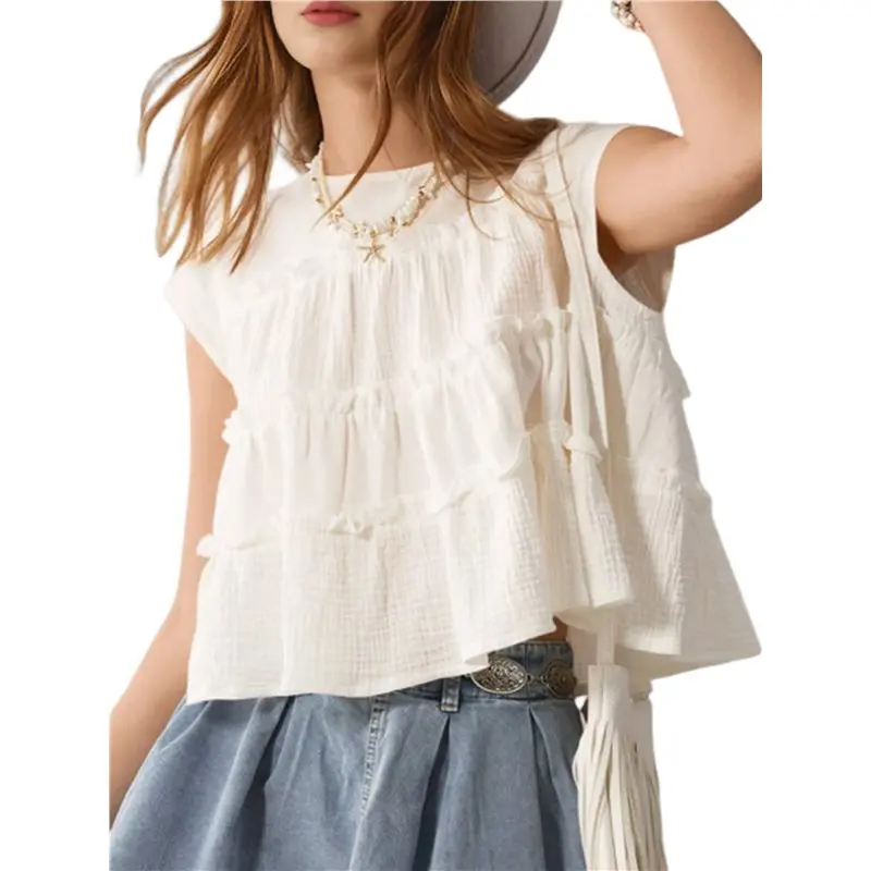 

Женские топы-бэплумы CYL с круглым вырезом, рюшами и свободным кроем, летние наряды