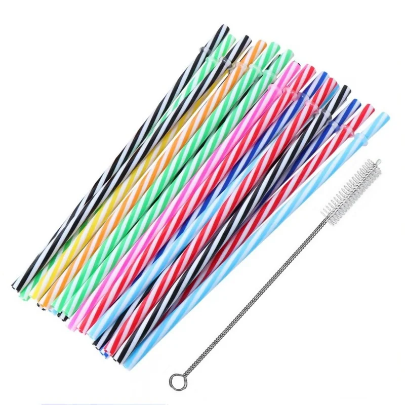 1pcs Mix Colours Spiral Stripes Hard PP Plastic Straw Reusable Drinking Straws with Cleaning Brush for Tumbler Jar 200mm Long