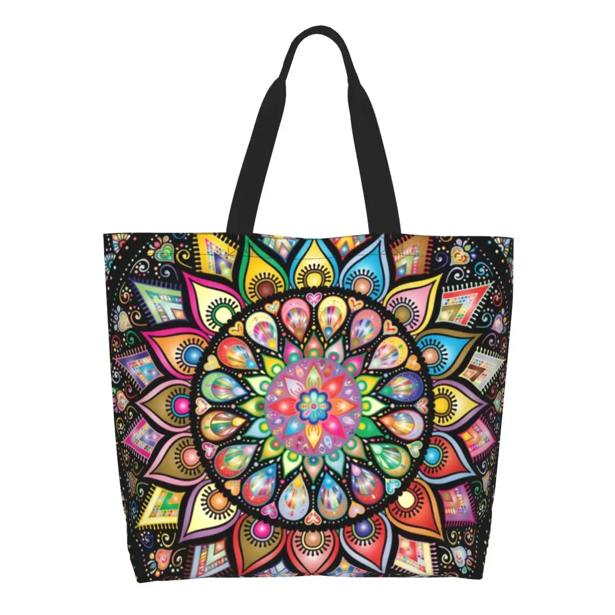 Recycling Colorful Lotus Mandala Shopping Bag Women Shoulder Canvas Tote Bag Durable Buddhism Flower Groceries Shopper Bags