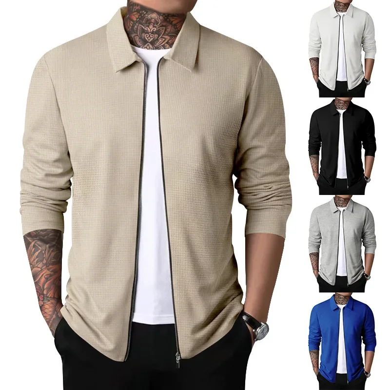 

2024 Men's Slim Fit Jacket Solid Color Long Sleeve Zipper Cardigan Tops Spring Autumn Casual Polo Collar Waffle Jackets Coat