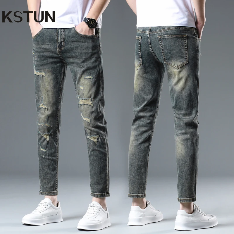 

KSTUN 2025 Summer Distressed Jeans Men Ripped Skinny Streetwear Men Cropped Pants Patchwork Original Desinger High Quality Brand