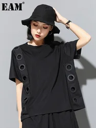 [EAM] Women Black Hollow Out Spliced Casual Big Size T-shirt New Round Neck Short Sleeve Fashion Tide Spring Summer 2024 1DF4780