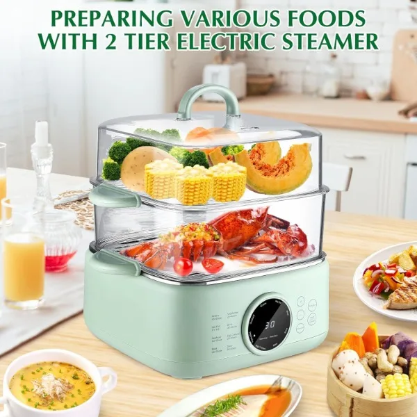 Electric Food Steamer, 9.3L 2-Tier Digital Steamers for Cooking with 24H Booking & 6H Auto Warming, 8 Modes Fast Heating