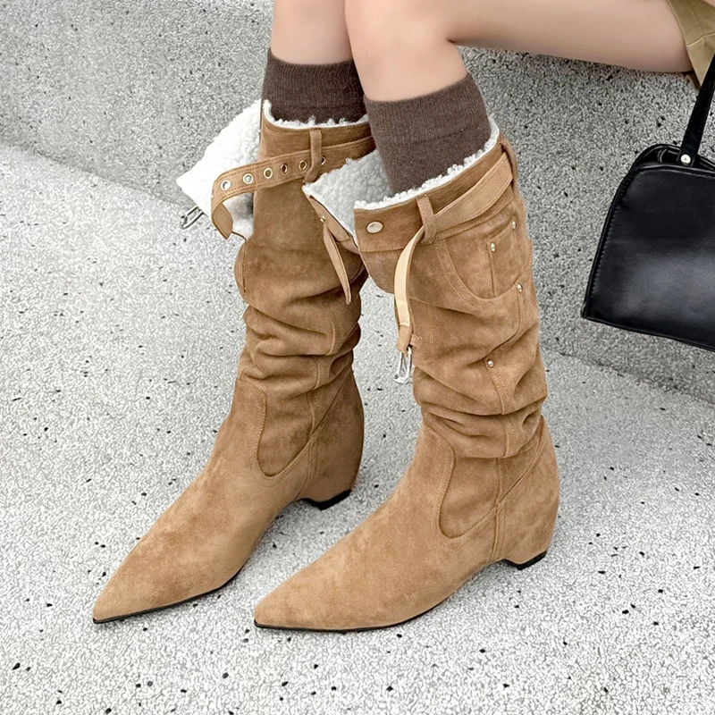 

Krazing Pot Flock Pointed Toe Thick High Heels Equestrian Boots Warm Winter Shoes Belt Buckle Wool Blend Women Knee-high Boots