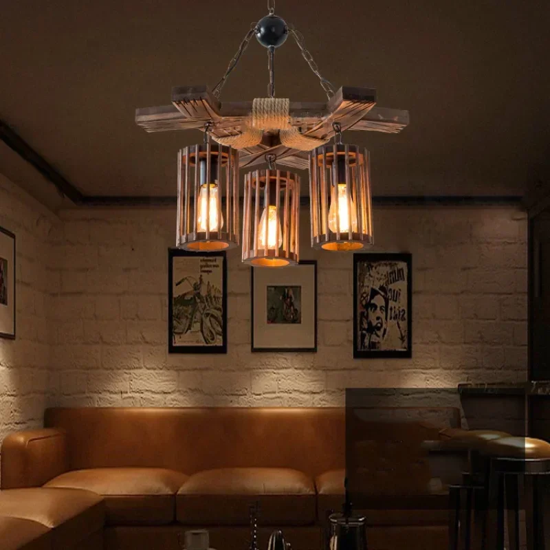 Industrial Retro Hemp Rope Chandelier Bar Restaurant Barber Salon Hot Pot Clothing Store Pendant Lamp Wood Light Droplight