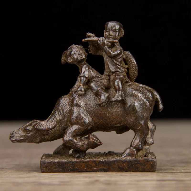 a Ornament, Solid Wood, Shepherd Boy Riding a Cow, Writing Ruler, Tea Pet, Antique, Signed by Emperor Yongzheng o