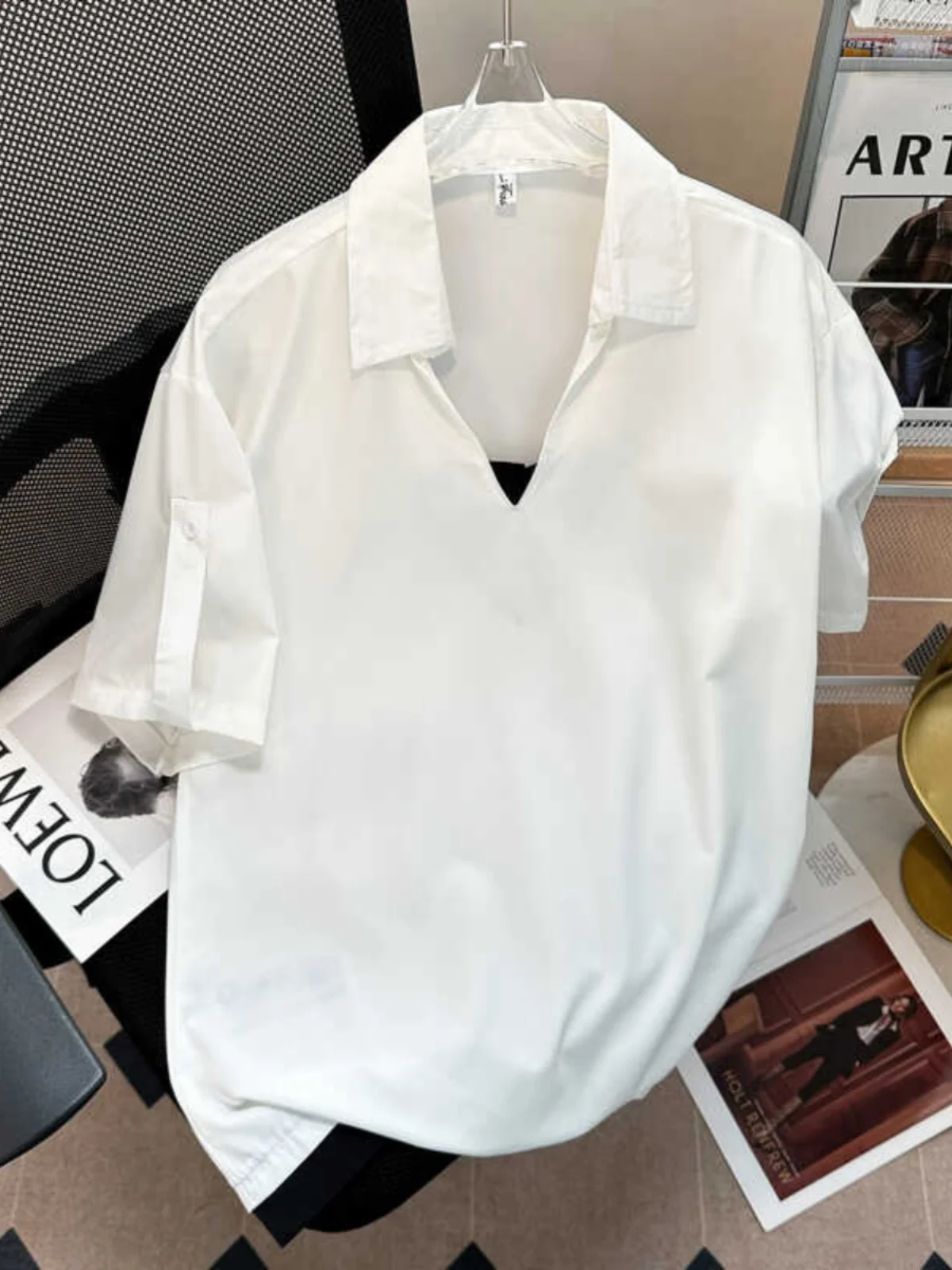 

Мужская хлопковая рубашка с коротким рукавом, летняя Однотонная рубашка с отложным воротником в повседневном пляжном стиле, модель A16