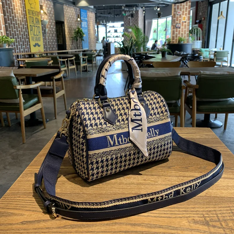 Versatile Thousand Bird Check Girls Handbag Pillow Bag Retro Printing Ladies Shoulder Bag Fashion Leather Girls Crossbody Embroi