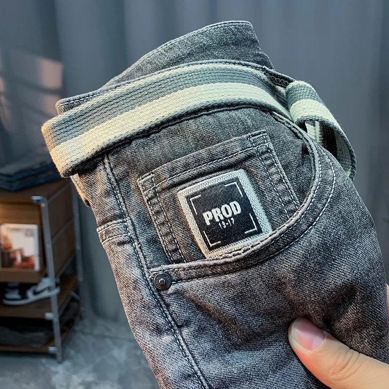 2024 Spring and Summer Thin Jeans Men's Micro Loose Elastic Slim Fit Skinny Pants Trendy Cropped Embroidered Pants