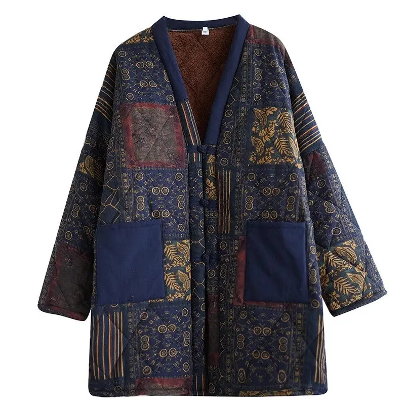 2024 Winter Clothing Middle Aged Elderly Mom\'s Large Size Ethnic Style Pan Buckle Thick Cotton Coat With Velvet For Women a299