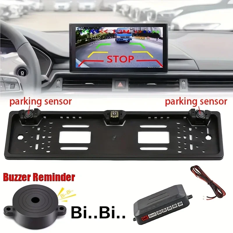 Cornice targa europea Doppio sistema di telecamere per auto con visione notturna a 12 LED 170 °   Telecamera di backup con allarme cicalino BSD/ADAS con obiettivo Fisheyes
