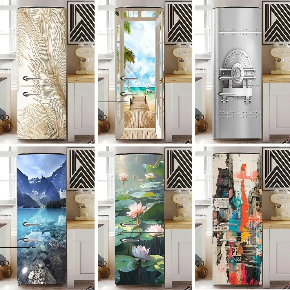 

Imitation Door Scenery Refrigerator Wrap Graffiti Poster Freezer Decals Retro Kitchen Fridge Mural Wallpaper Home Decor