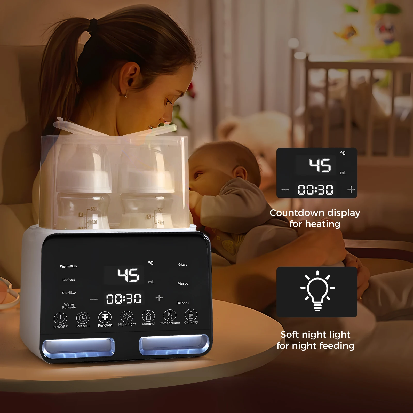 9 in 1 Milk Warmer Dual Bottle Multi-Function Steriliser LCD Display Nightlight Temperature Control Food Defrosting/Warming