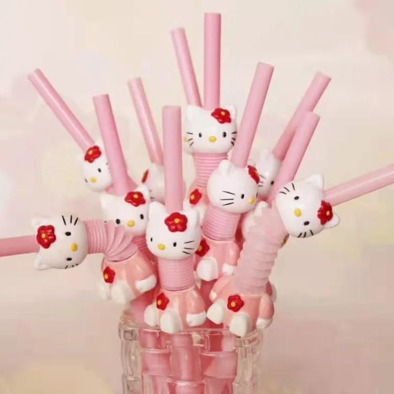 New Hello Kitty anime peripheral cartoon cute beverage tube creative kawaii reusable retractable bent plastic straw wholesale