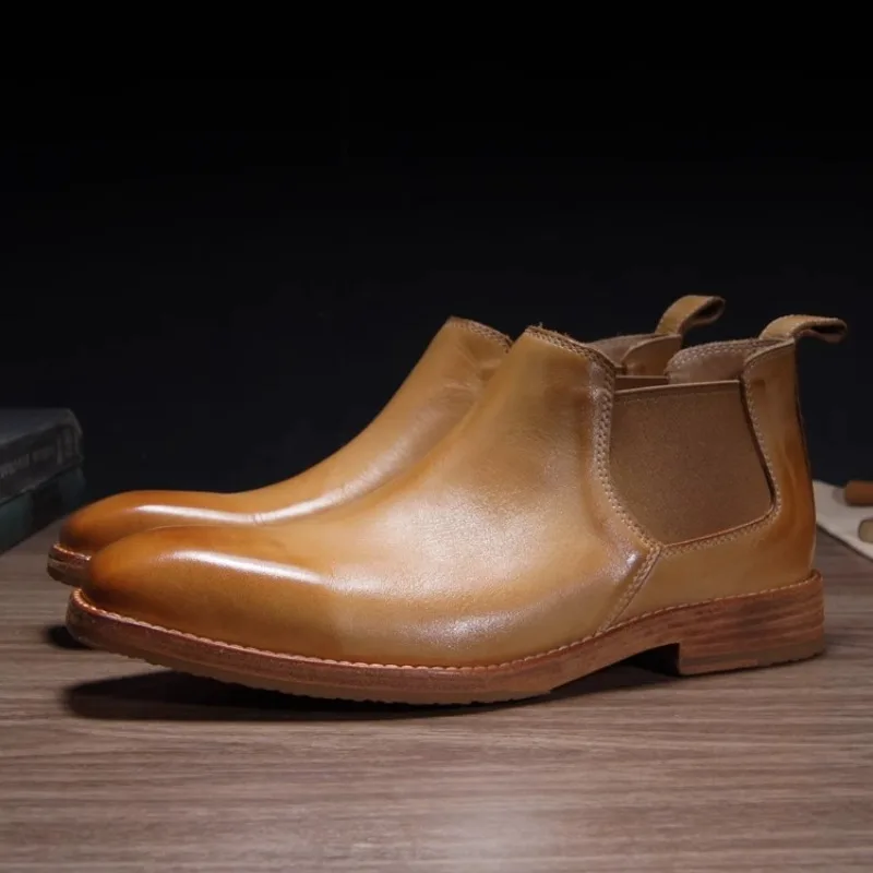 

Retro Casual Chelsea Boots Men's Vegetable Cowhide Heavy Washed Handmade Square Toe Wedding Shoes Genuine Leather Ankle Boots
