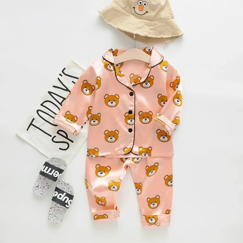 2pcs Boys Lounge Wear Button Down Long Sleeve Top & Elastic Waist Long Pants Bear Cartoon Pajamas