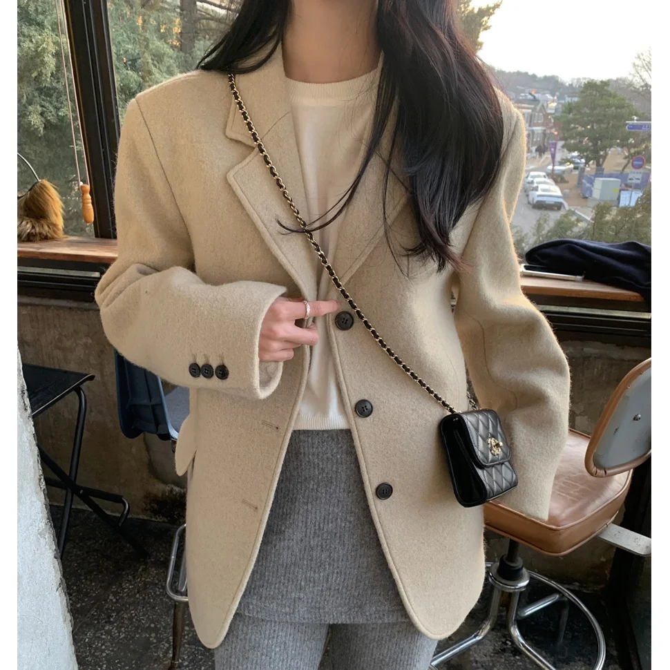 East Gate Ins Style Casual Woolen Single Button Coat for Short Women Long Sleeve Regular Length Pure Color Polyester Blend