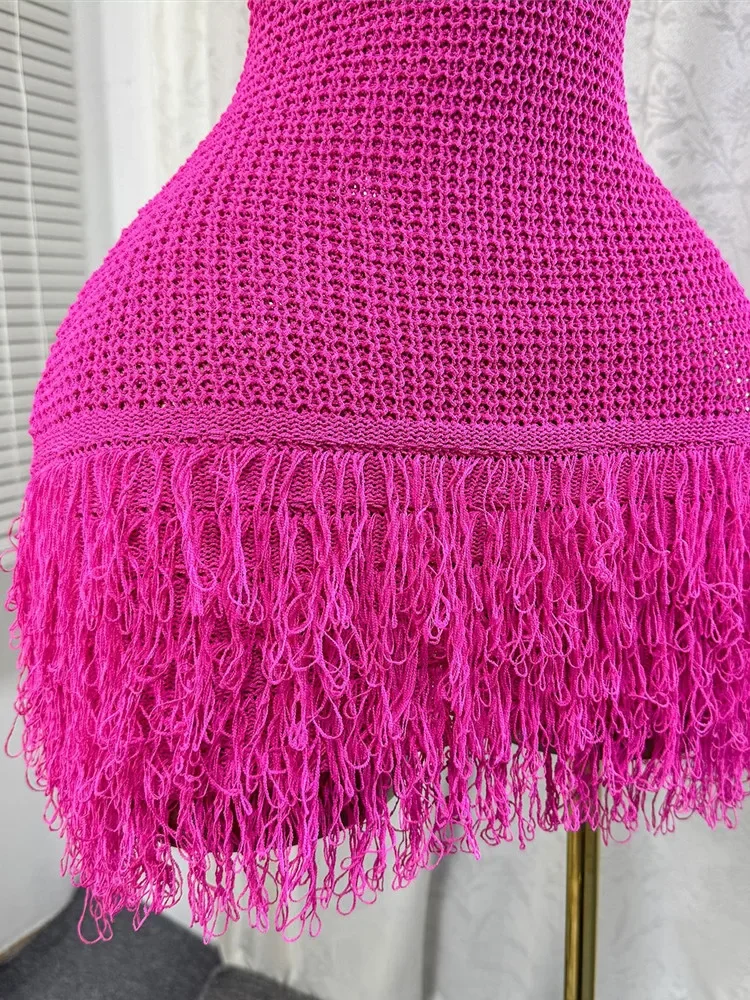 2025 Summer Women Elegant Round Neck Sleeveless Tassels Hem Bodycon Mini Knitted Dress Holiday Beach Party Clubwear