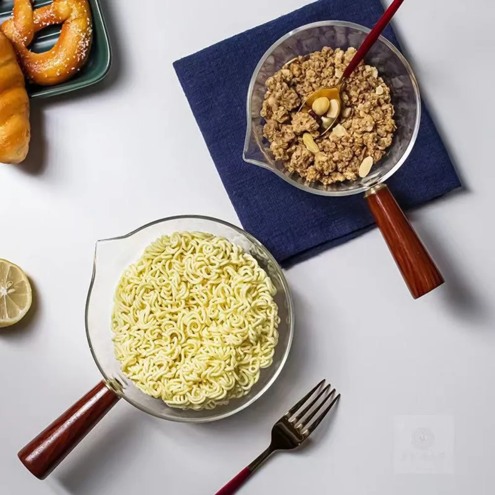 Tazón para ensalada con mango de madera, olla de vidrio para leche, olla transparente resistente al calor para fideos, mini olla para calentar y cocinar, olla para comida de bebé