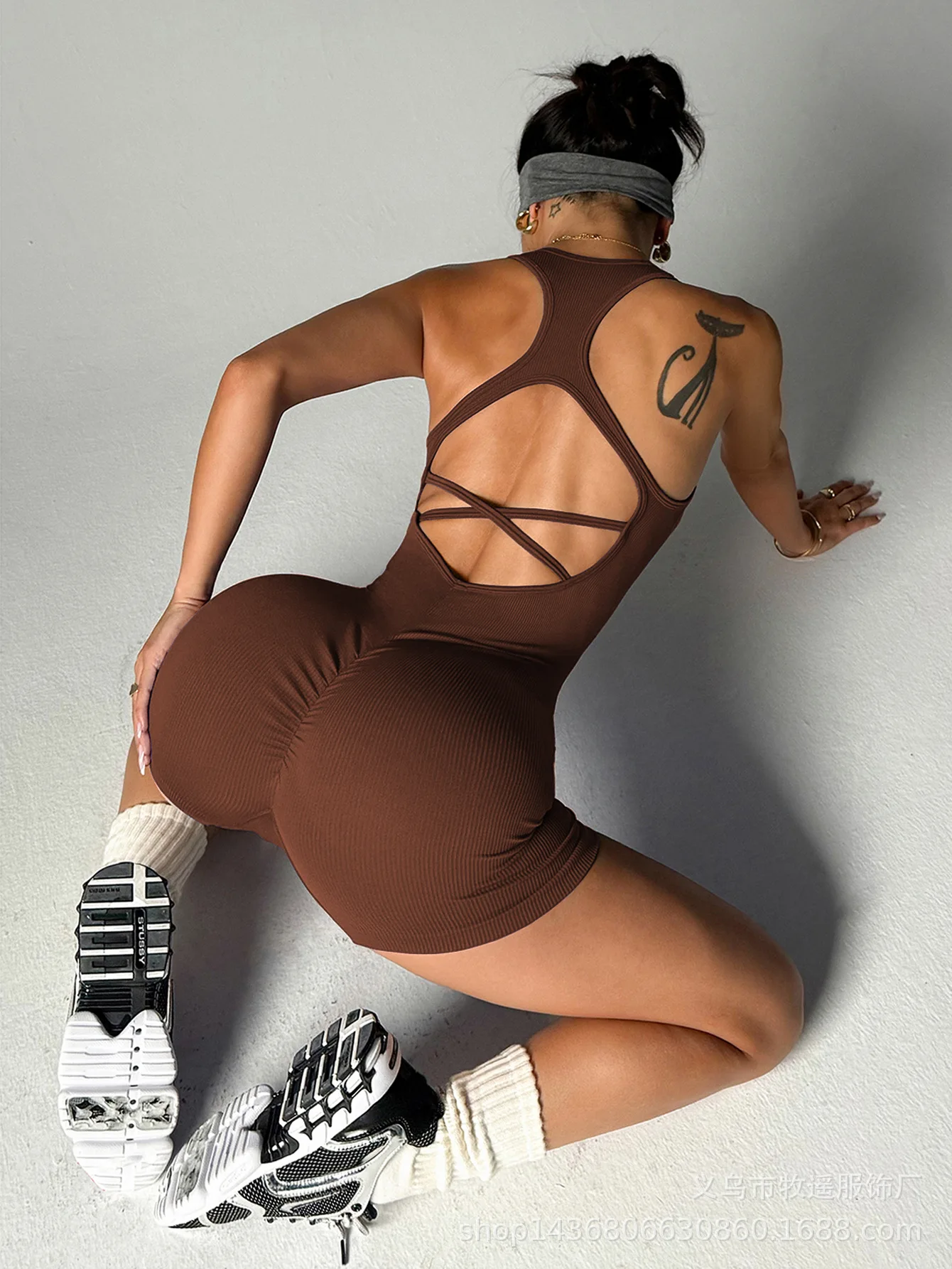 Women Ribbed Racerback Sports Bodysuit Criss Cross Backless Butt Lift Yoga Jumpsuit Slim Fit Workout Fitness Gym Activewear Romp