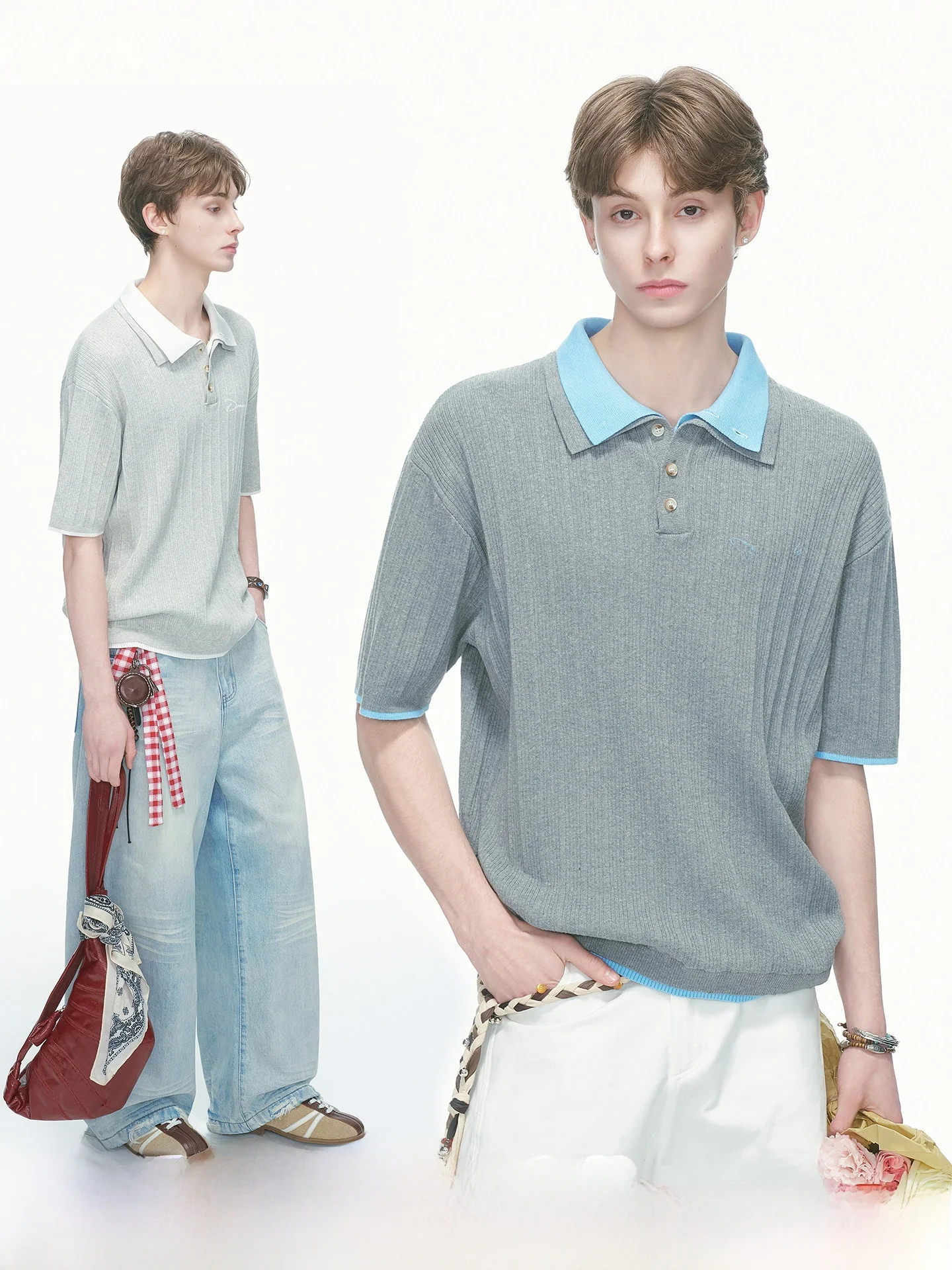 Dream Made Knitted Half Sleeve  Shirt Men's Summer Lightweight Luxury Couple T-Shirt Double Layer Collar Fake Two-Piece