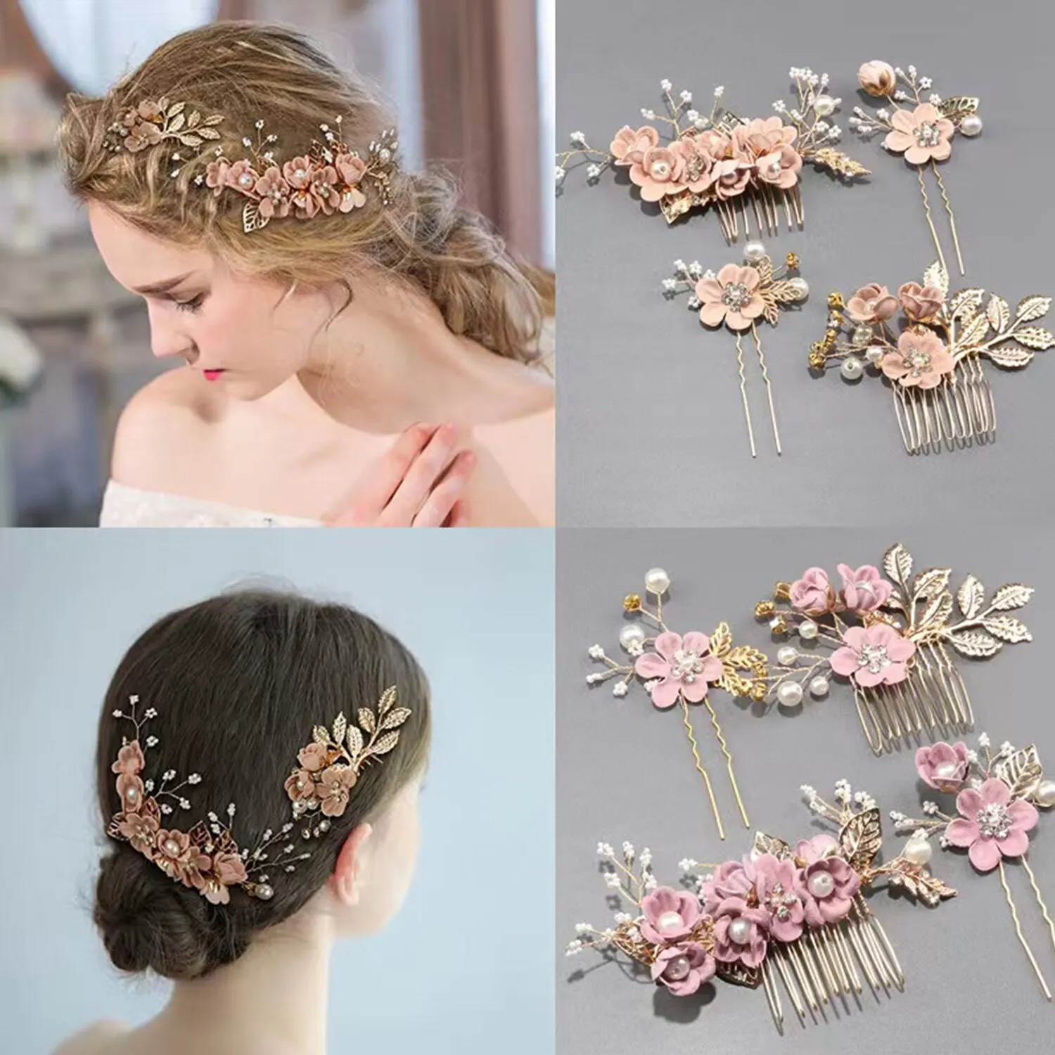 European and N Gold Leaf Plate Hair Headdress Handmade Bride Crown Headdress Flowers Inserted Comb Hair Ornaments 4-piece Set