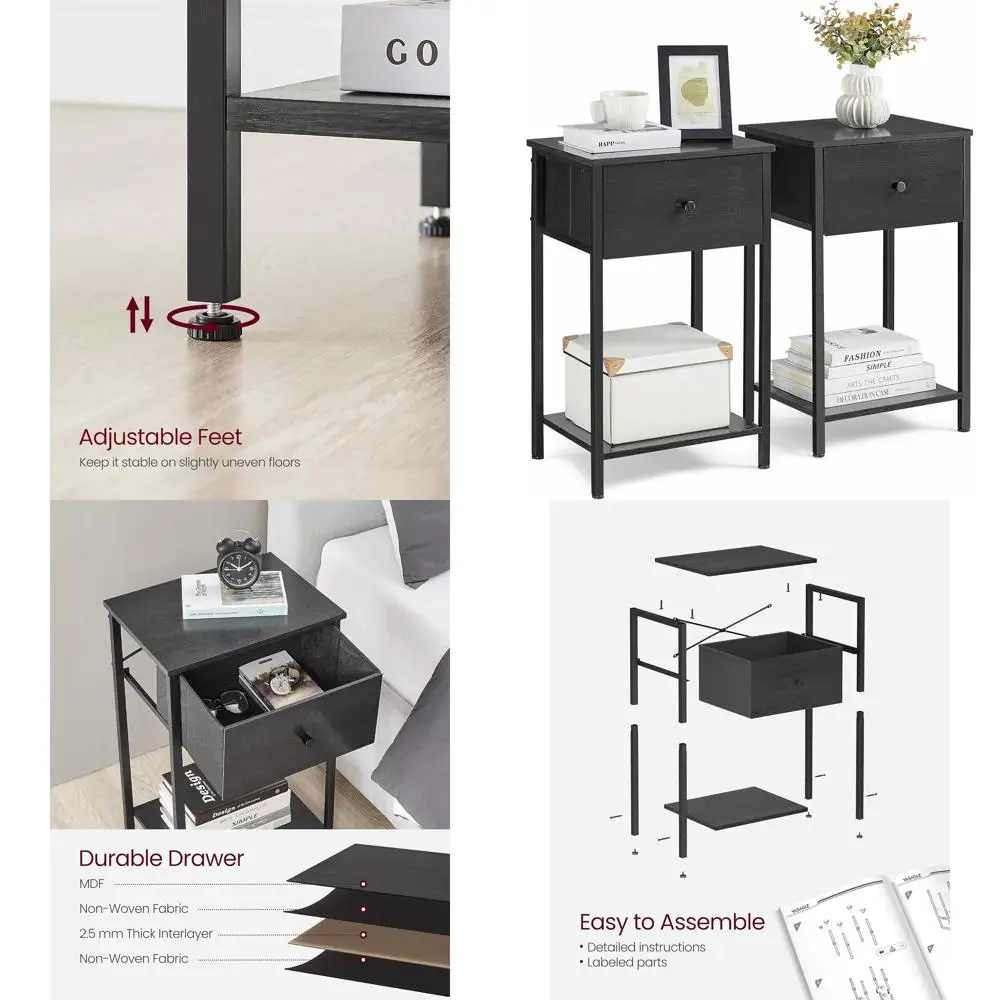 

Pair of 24 Black Fabric Drawer Nightstands with Storage Shelf for Bedroom