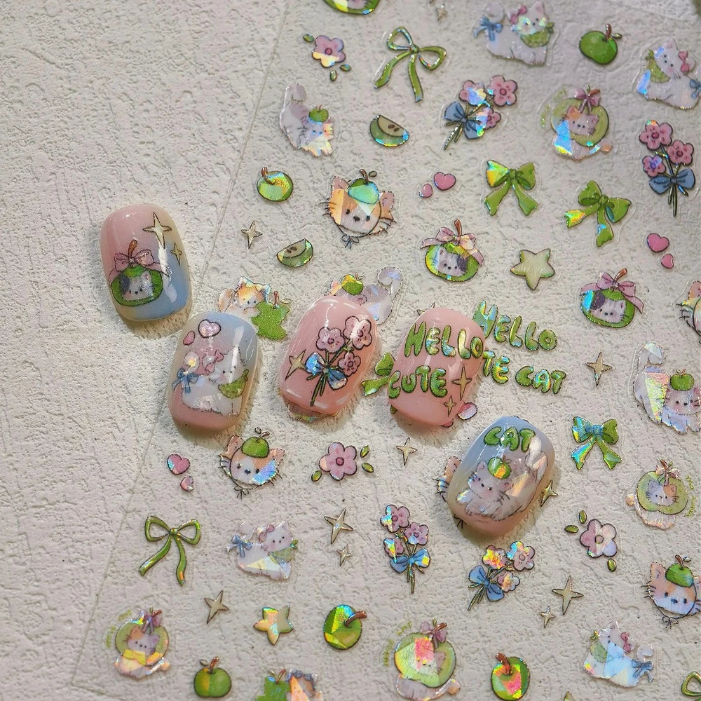 

Lovely Cat Pink Flowers Love Heart Green Apple Bowknot Shiny 3D Self Adhesive Nail Art Stickers Cute Cartoon Manicure Decals