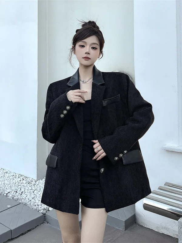 

Winter 2025 Thiened Women's Small Suit Jaet Design Snail Wool Leather Patchwork Warm Top for Office And Daily Wear