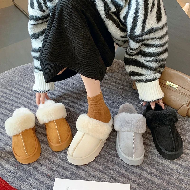 Capa toe casa chinelos plataforma sapatos de pele flip flops slides chinelos feminino pelúcia 2025 shearling botas de neve sapatos mulher 2025 cov