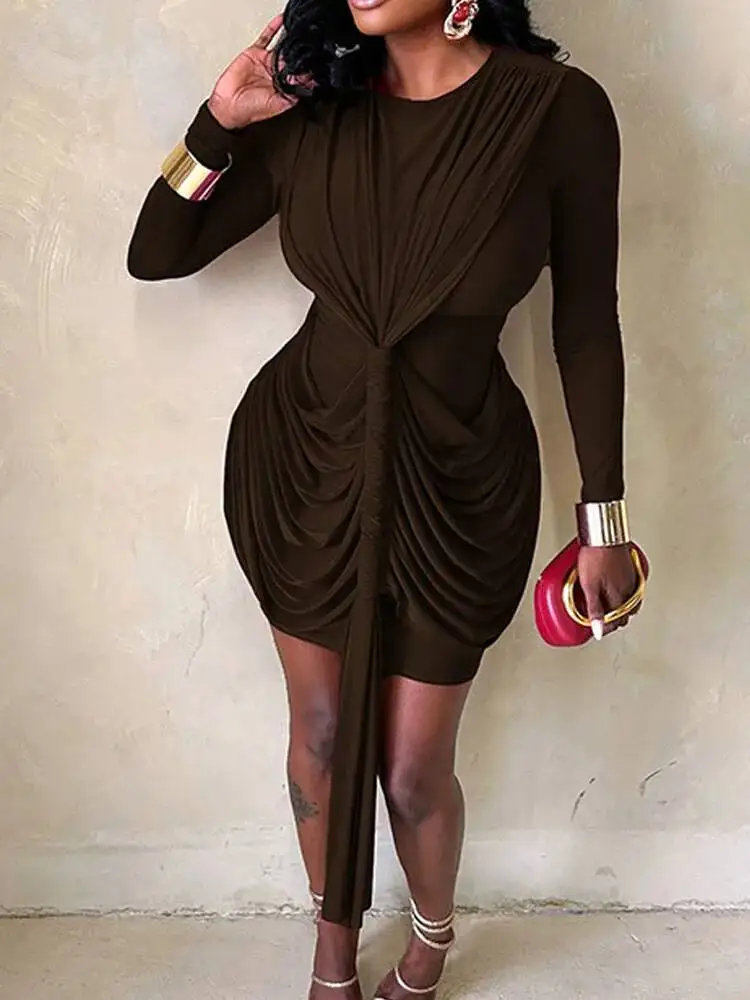 

Women Solid Fashion Draped Ruched Ribbon Bodycon Mini Dress O Neck Long Sleeve Slim Clubwear Party Outfits Casual Streetwear