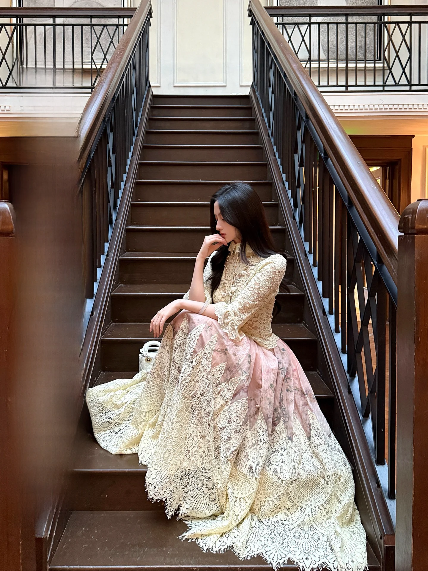 

Heavy Embroidery Pearl Trim Lace Stand Collar Skirt Shirt Two Piece Set Women's Fashion Autumn Winter Spring Casual Workwear