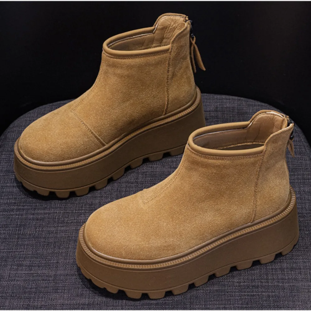 

Женские зимние ботинки 2026: модные повседневные универсальные низкие теплые полусапожки на молнии сзади, коричневые на платформе