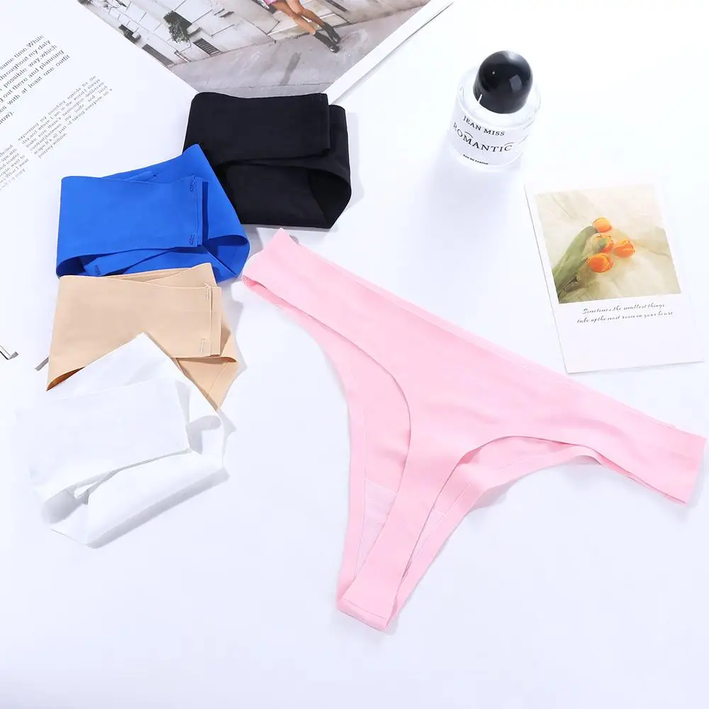 Sexy Women\'s Sport Panties Underwear Seamless Ice Silk Thong Low Waist Female PINK Letter G-String Solid Color Lady Intimates