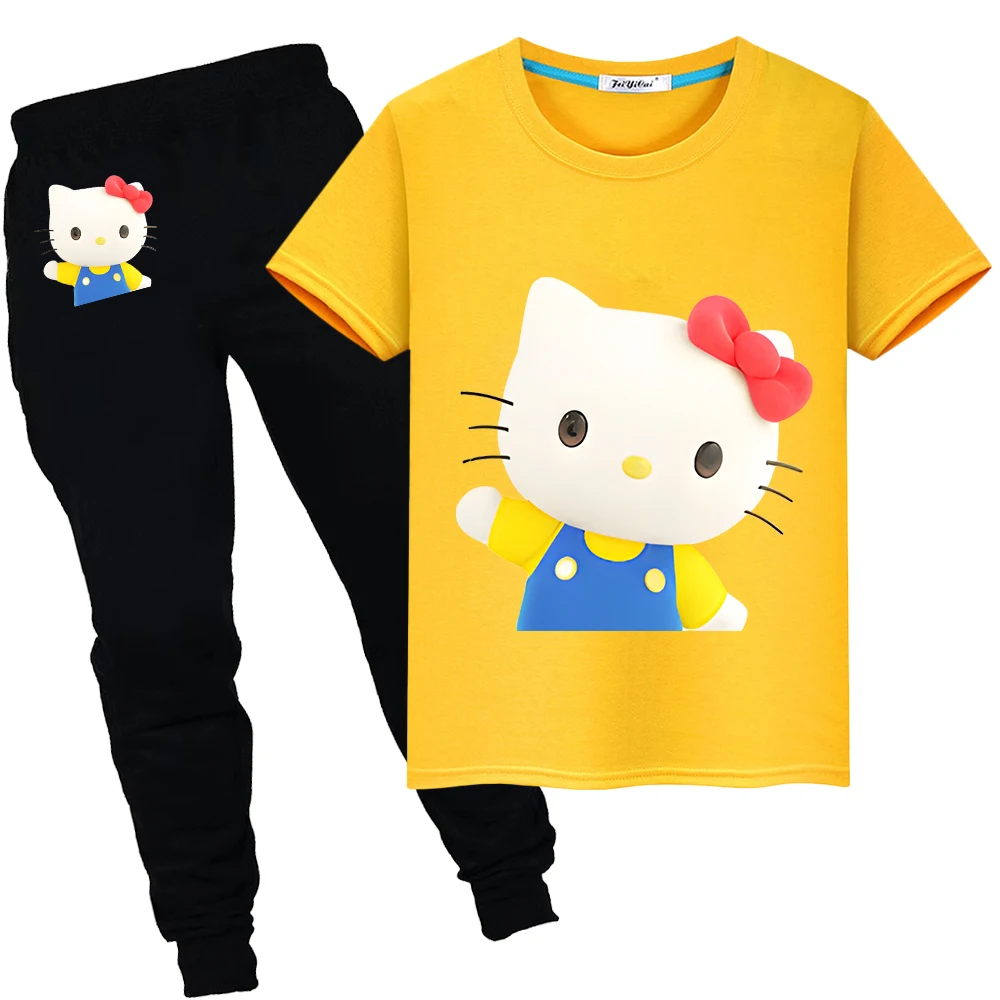 Setelan baju olahraga musim panas hello kitty T-shirt lucu 100% katun pendek + celana atasan imut pakaian anak laki-laki perempuan Tshirts hadiah liburan