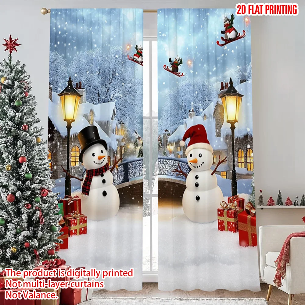 

2pcs 2D flat printing Merry Christmas Party Curtains Winter Town Snowman Scene1 Versatile 100% Polyester Without Electricity