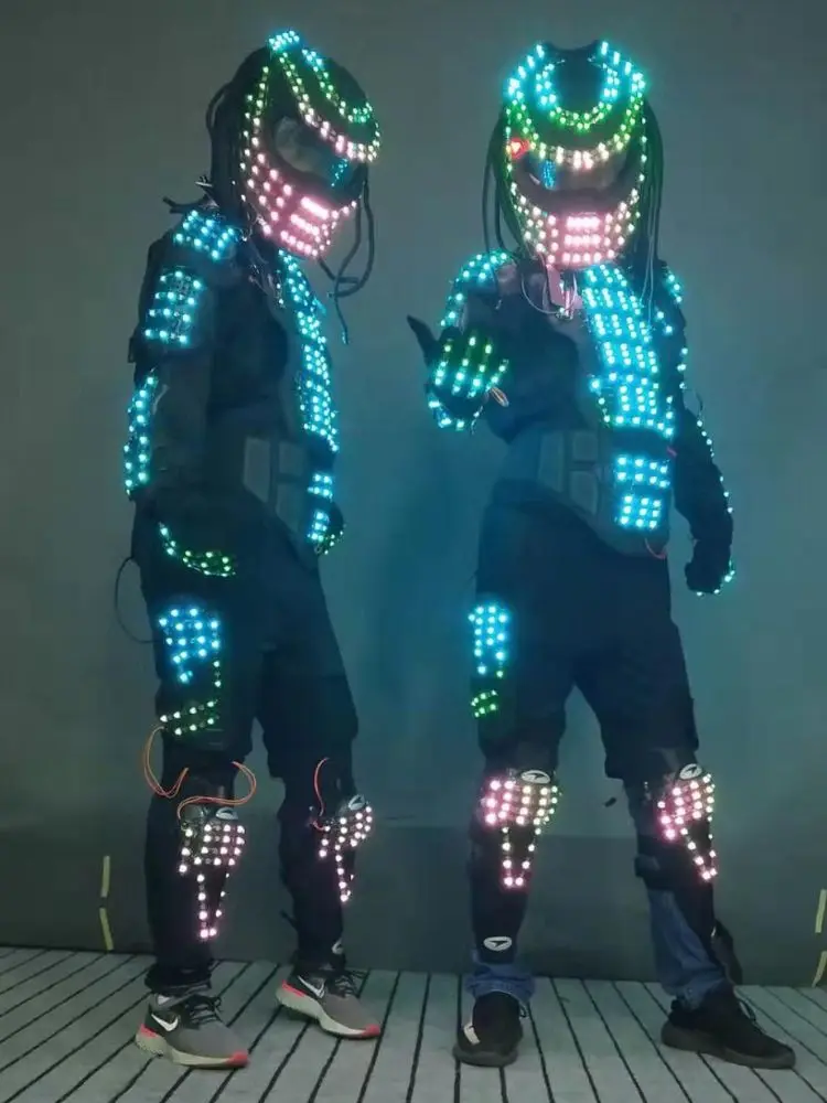 LED Robot Costume Luminous Rave Outfits for Women Men Armor Robot Dance Cosplay Nightclub Bar Show Glowing Suit Party