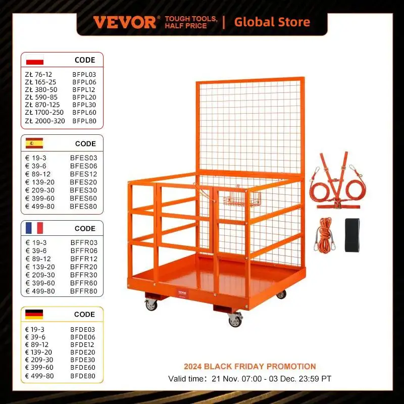 VEVOR Jaula de Seguridad de Plataforma 635 kg Carretilla Elevadora Plataforma de Trabajo 114,3 x 109,2 x 203,2 cm Canasta de Plataforma de Trabajo Ruedas Bloqueo de Seguridad para Trabajos en Altura