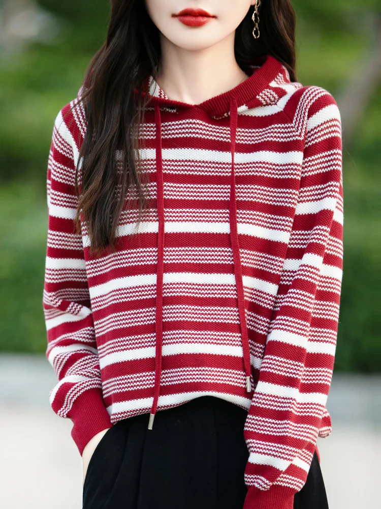 Spring Autumn New 100% Cotton Sweater Women\'s Hooded Knitted Pullover Fashion Striped Loose Large Top Long Sleeve Fashion Korean